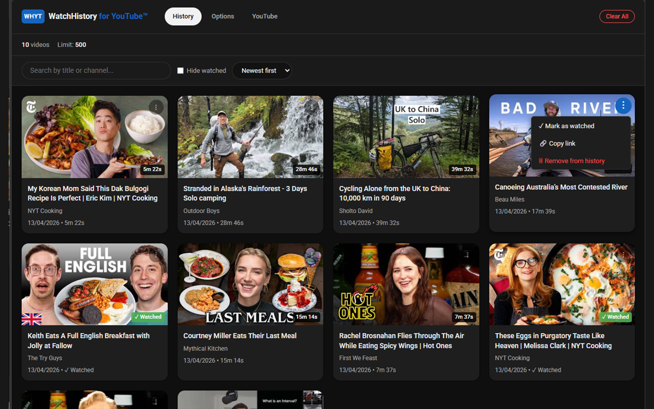 Right-click context menu on a video